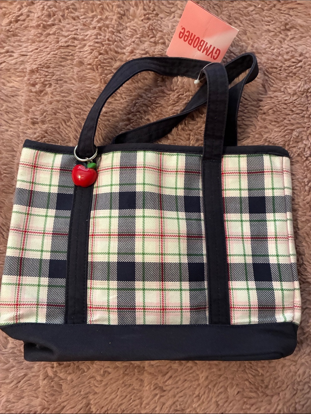 Gymboree Navy Plaid Tote with Red Apple Accent
